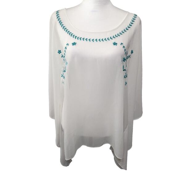 Ariat womens poncho top white & turquoise Xl sheer Poncho pullover blouse GUC - Picture 1 of 8